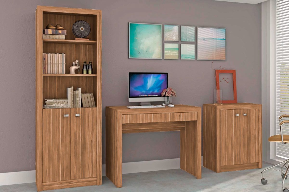 Escritório Completo (1 Mesa de Computador ME4107 + 1 Balcão ME4103 + 1 Estante ME4110) 3 Peças - Tecno Mobili