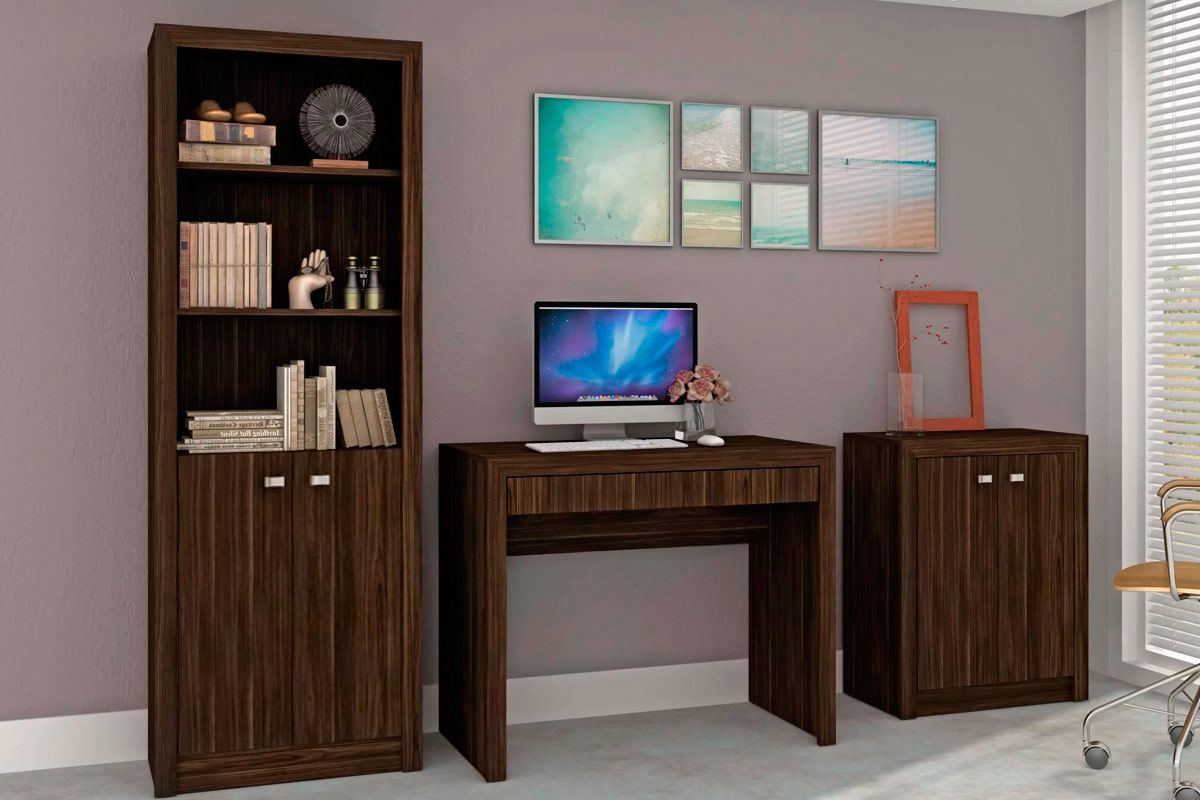 Escritório Completo (1 Mesa de Computador ME4107 + 1 Balcão ME4103 + 1 Estante ME4110) 3 Peças - Tecno Mobili