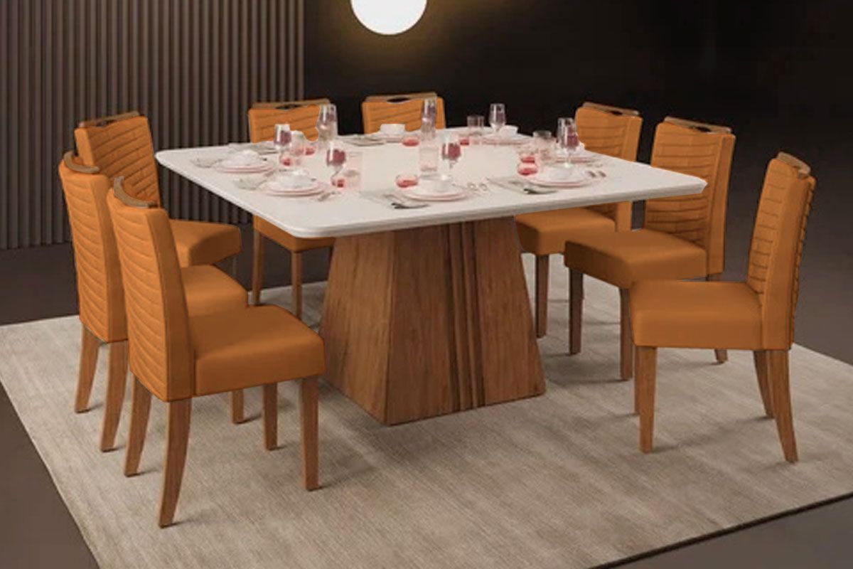 Sala Jantar Mesa Itália c/ Tampo Madeirado c/ Vidro Curvo 136x136cm e 8 Cadeiras Julia - DJ Móveis