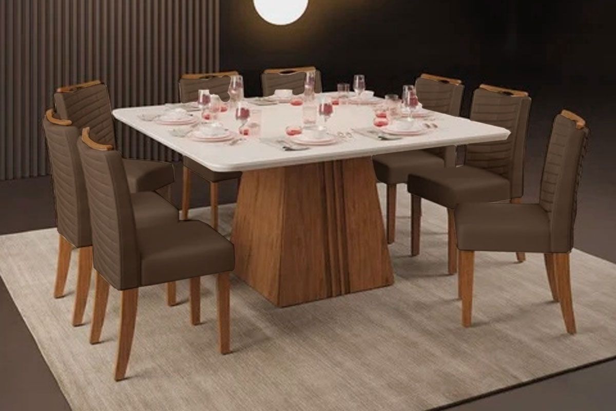 Sala Jantar Mesa Itália c/ Tampo Madeirado c/ Vidro Curvo 136x136cm e 8 Cadeiras Julia - DJ Móveis