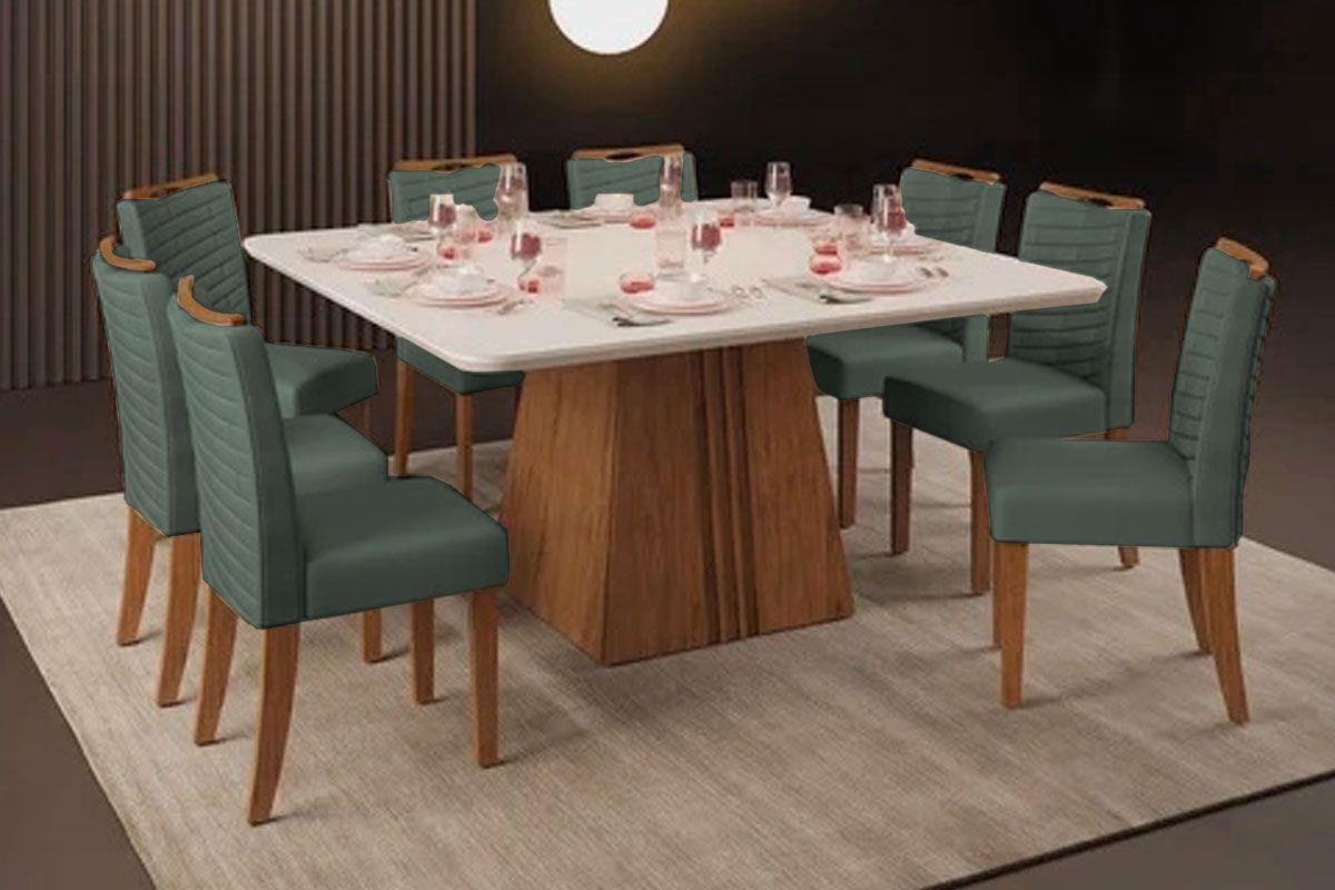 Sala Jantar Mesa Itália c/ Tampo Madeirado c/ Vidro Curvo 136x136cm e 8 Cadeiras Julia - DJ Móveis