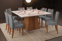 Sala Jantar Mesa Itália c/ Tampo Madeirado c/ Vidro Curvo 136x136cm e 8 Cadeiras Julia - DJ Móveis