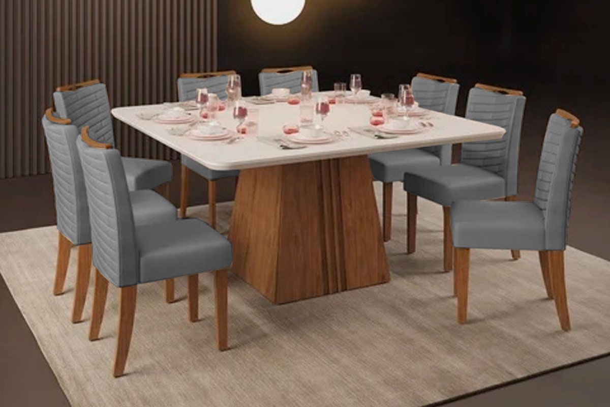 Sala Jantar Mesa Itália c/ Tampo Madeirado c/ Vidro Curvo 136x136cm e 8 Cadeiras Julia - DJ Móveis