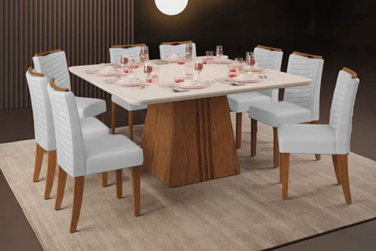 Sala Jantar Mesa Itália c/ Tampo Madeirado c/ Vidro Curvo 136x136cm e 8 Cadeiras Julia - DJ Móveis