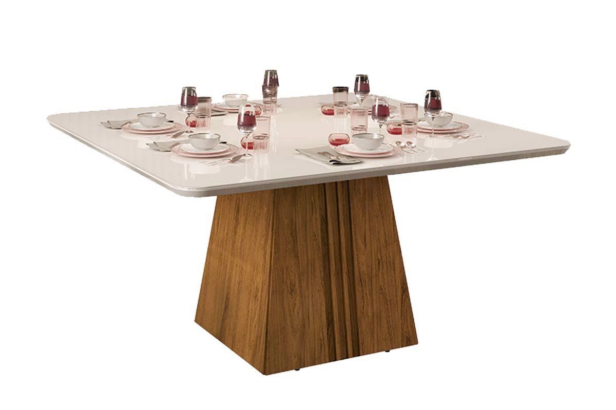 Sala Jantar Mesa Itália c/ Tampo Madeirado c/ Vidro Curvo 136x136cm e 8 Cadeiras Julia - DJ Móveis