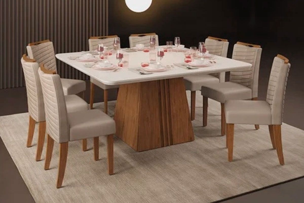 Sala Jantar Mesa Itália c/ Tampo Madeirado c/ Vidro Curvo 136x136cm e 8 Cadeiras Julia - DJ Móveis