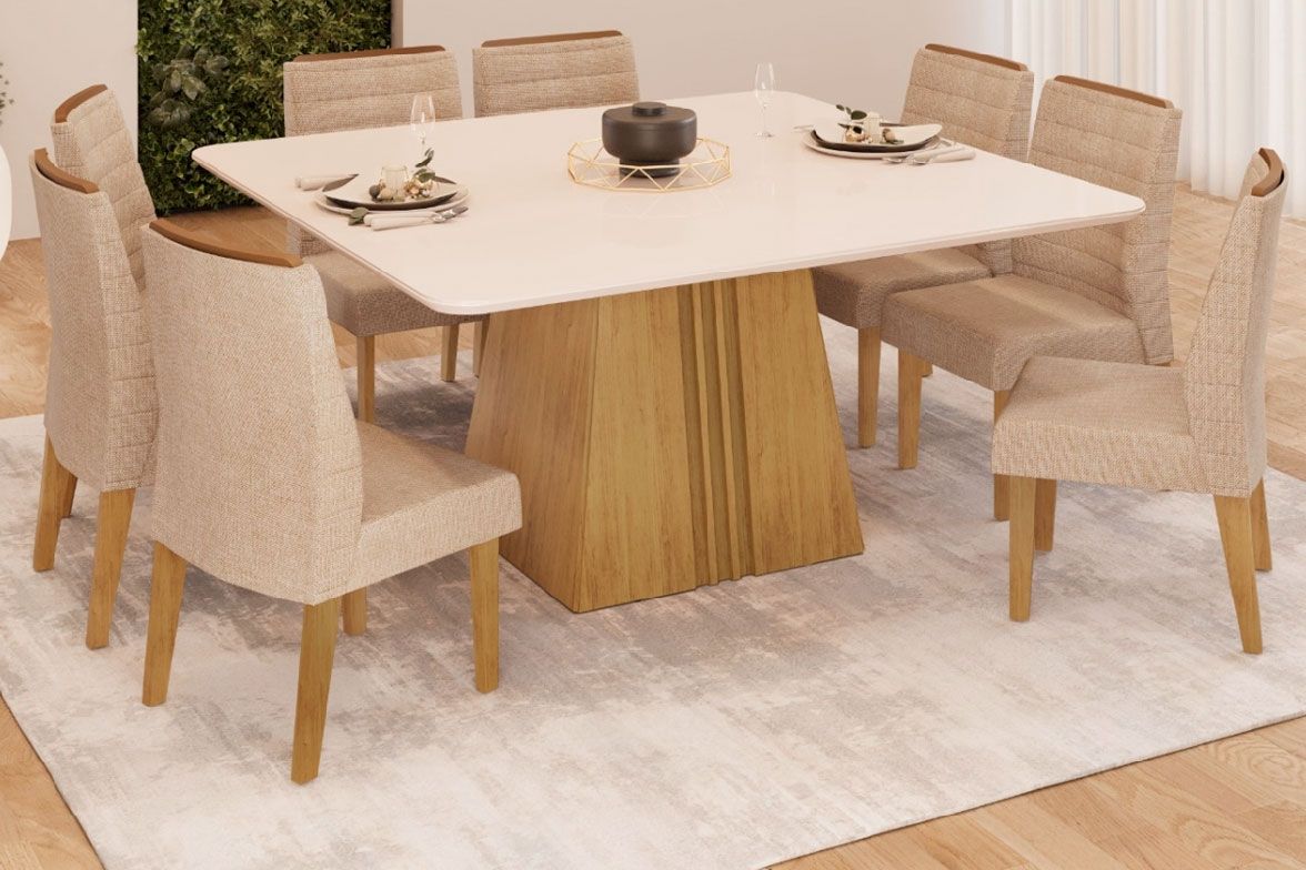 Sala de Jantar Completa Itália c/ Tampo Madeirado c/ Vidro Curvo 136x136cm e 8 Cadeiras Ondina - DJ Móveis