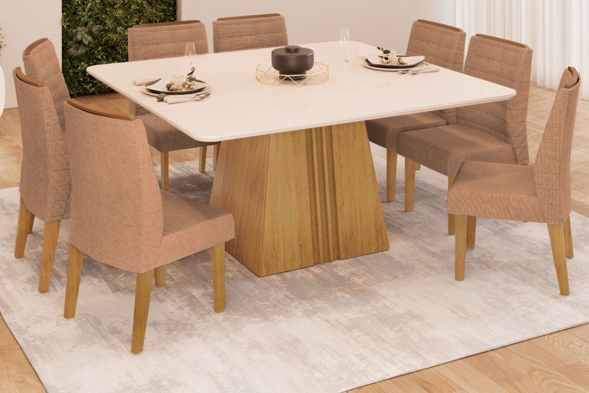 Sala de Jantar Completa Itália c/ Tampo Madeirado c/ Vidro Curvo 136x136cm e 8 Cadeiras Ondina - DJ Móveis