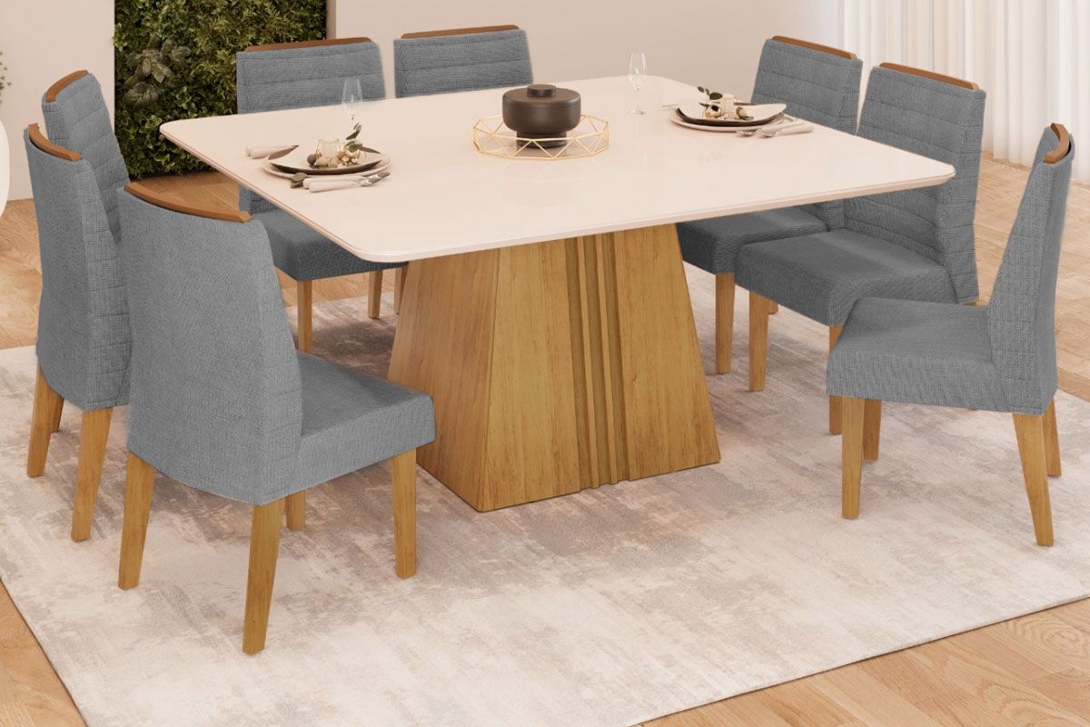Sala de Jantar Completa Itália c/ Tampo Madeirado c/ Vidro Curvo 136x136cm e 8 Cadeiras Ondina - DJ Móveis