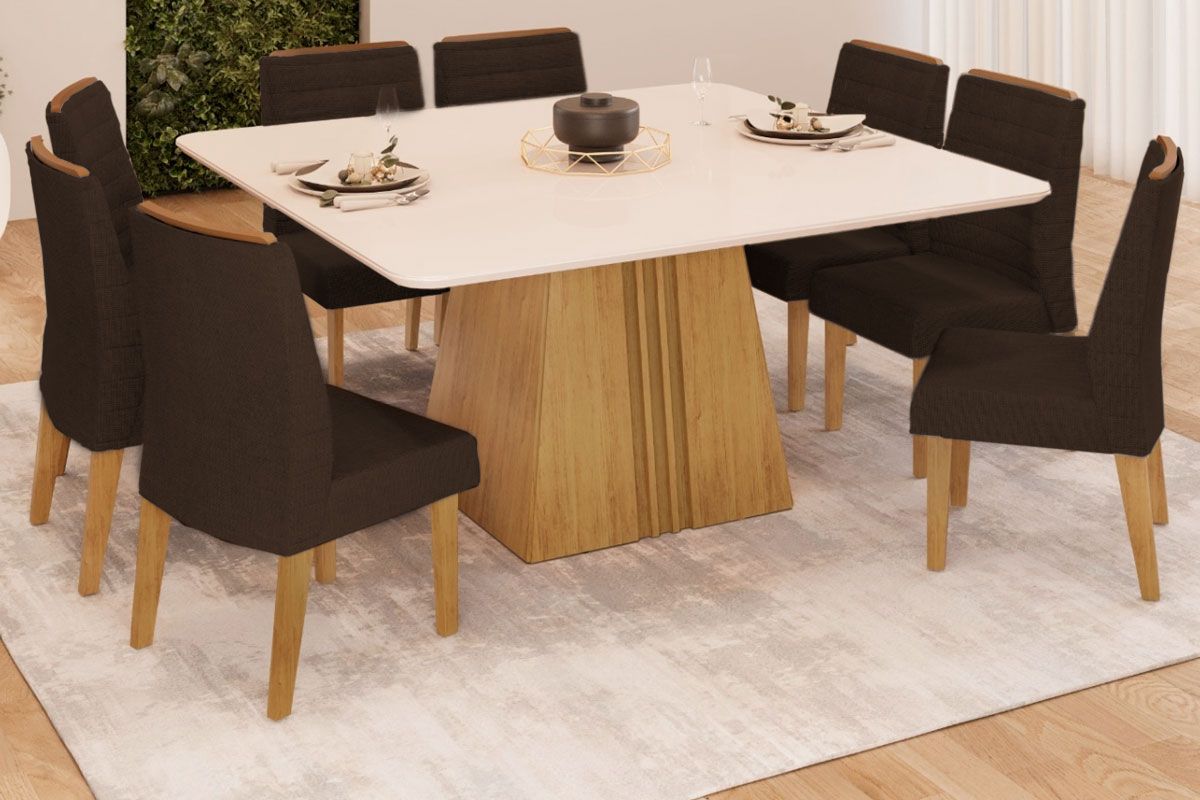 Sala de Jantar Completa Itália c/ Tampo Madeirado c/ Vidro Curvo 136x136cm e 8 Cadeiras Ondina - DJ Móveis