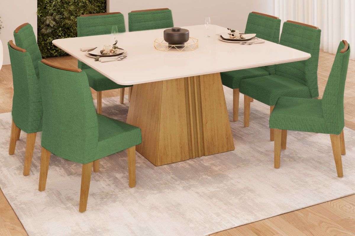 Sala de Jantar Completa Itália c/ Tampo Madeirado c/ Vidro Curvo 136x136cm e 8 Cadeiras Ondina - DJ Móveis