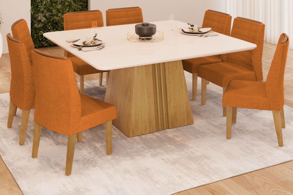 Sala de Jantar Completa Itália c/ Tampo Madeirado c/ Vidro Curvo 136x136cm e 8 Cadeiras Ondina - DJ Móveis