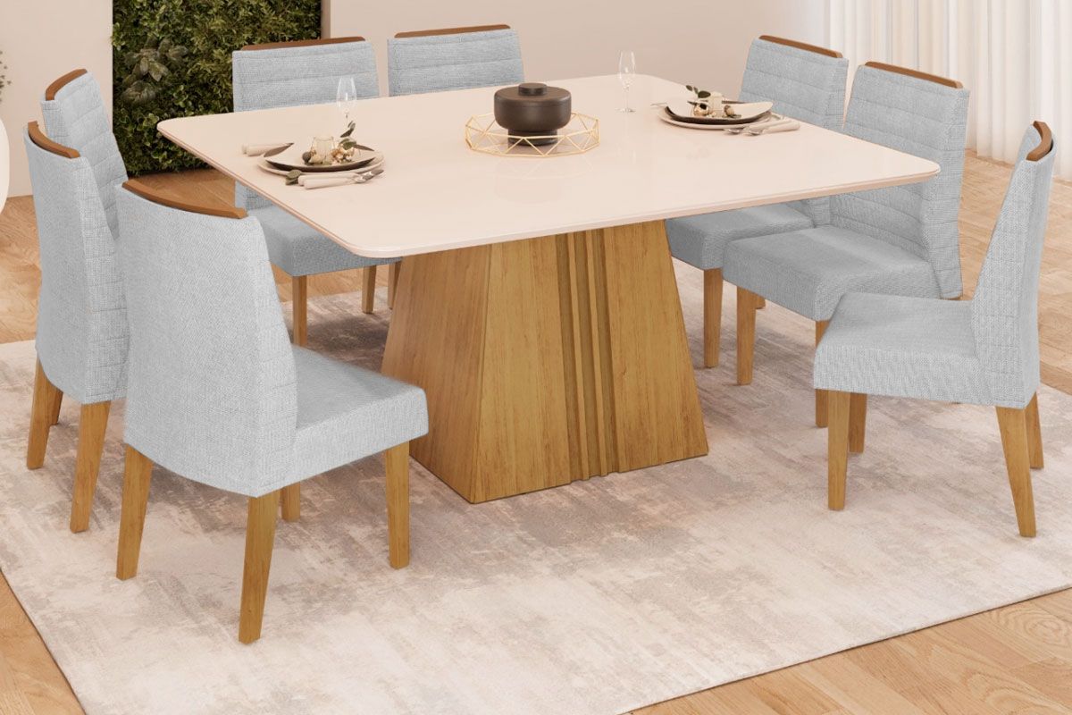 Sala de Jantar Completa Itália c/ Tampo Madeirado c/ Vidro Curvo 136x136cm e 8 Cadeiras Ondina - DJ Móveis