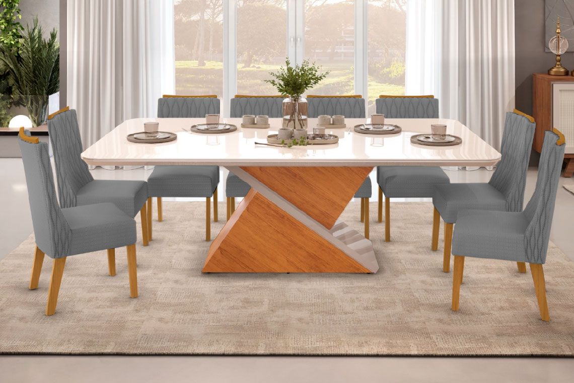 Sala de Jantar Completa Zafira c/ Tampo Madeirado c/ Vidro Curvo 200x100cm e 8 Cadeiras Jade - DJ Móveis