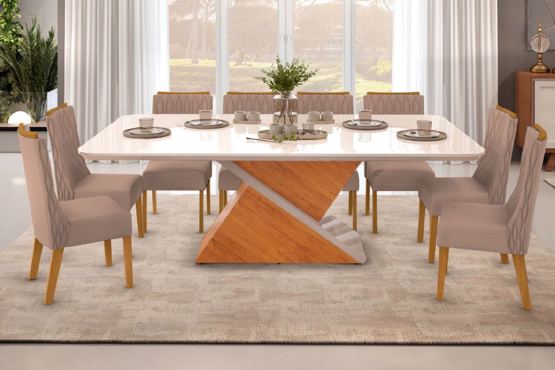 Sala de Jantar Completa Zafira c/ Tampo Madeirado c/ Vidro Curvo 200x100cm e 8 Cadeiras Jade - DJ Móveis