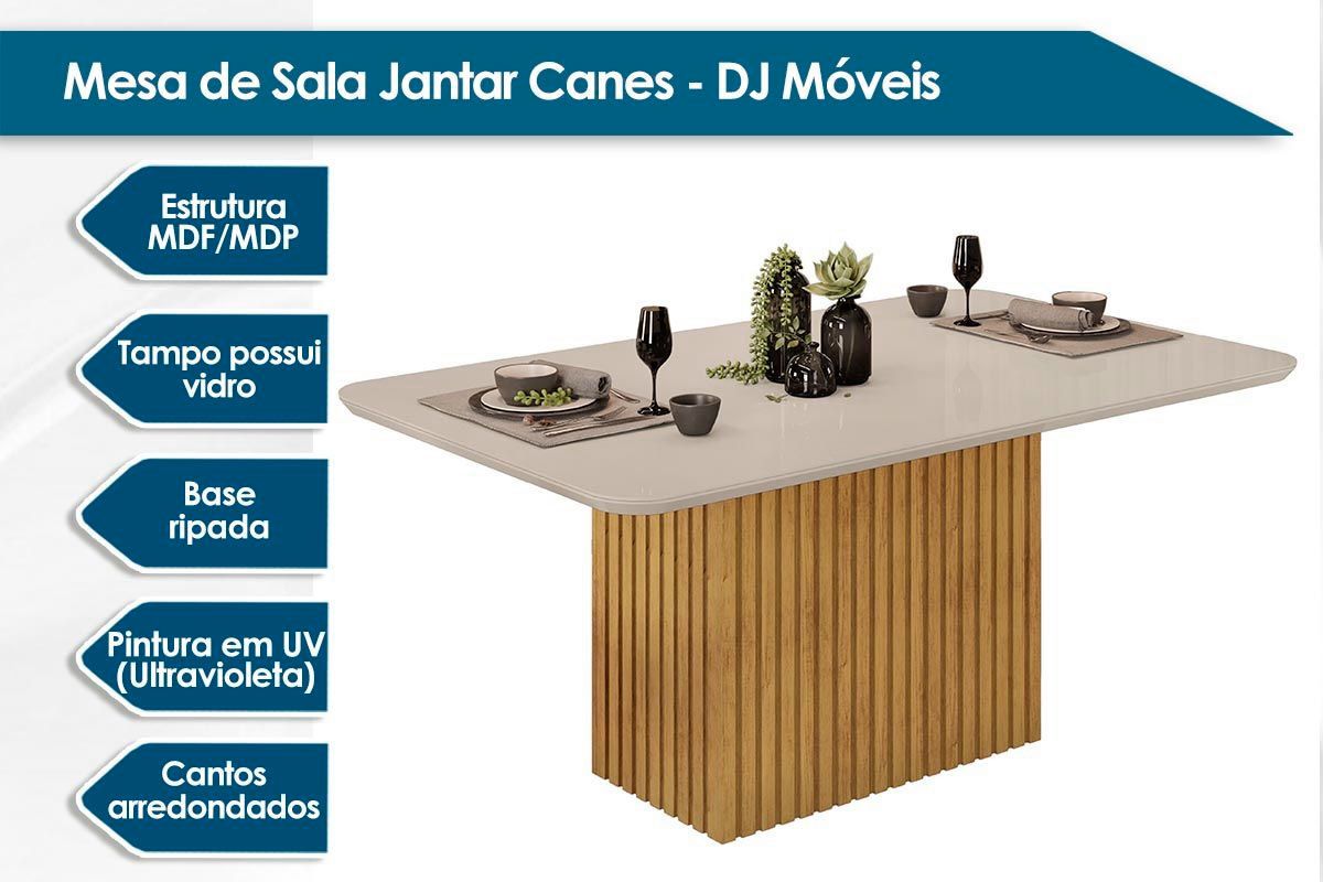 Sala de Jantar Completa Canes c/ Tampo Madeirado c/ Vidro Curvo 170x90cm e 6 Cadeiras Vitória - DJ Móveis