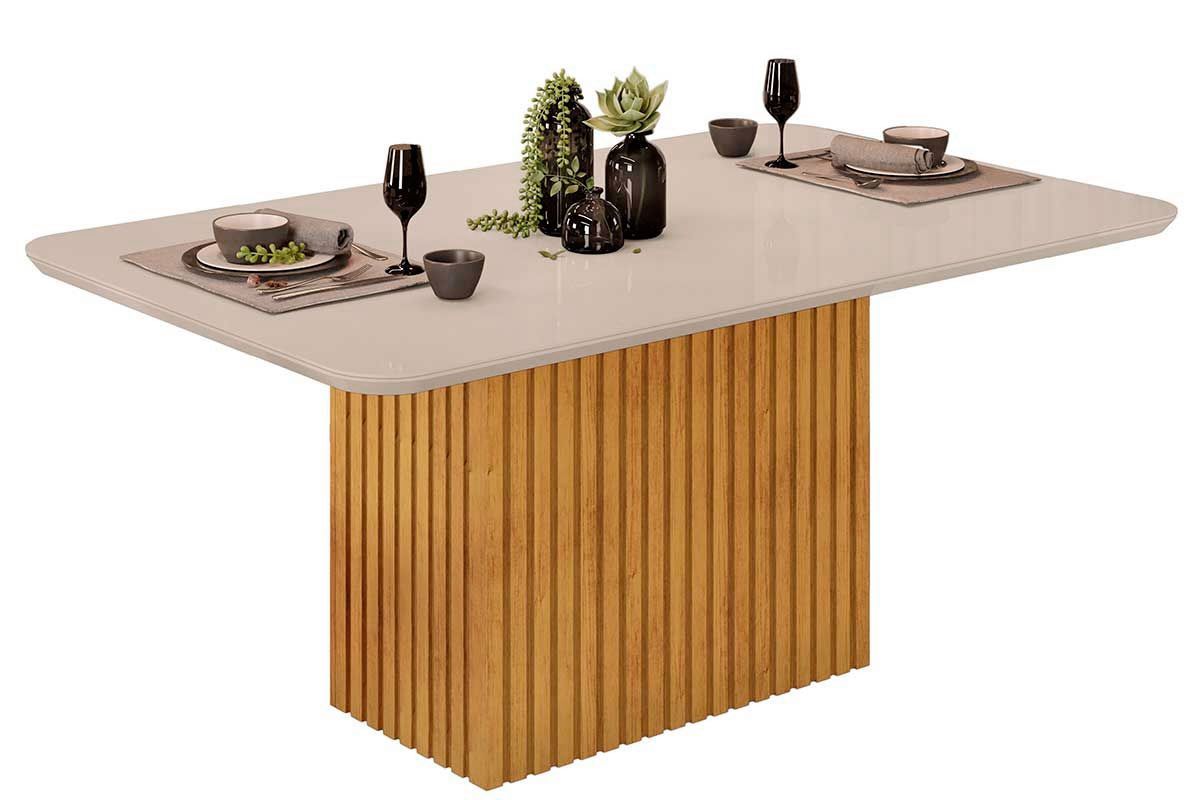 Sala de Jantar Completa Canes c/ Tampo Madeirado c/ Vidro Curvo 170x90cm e 6 Cadeiras Vitória - DJ Móveis