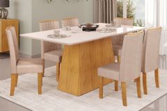 Mesa Jantar Dulce c/ Tampo Madeirado c/ Vidro Reto 180x90cm e 6 Cadeiras Zoe - DJ Móveis