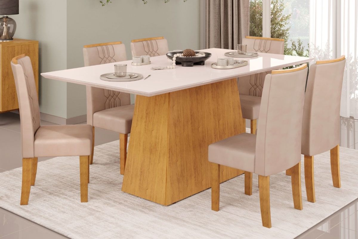 Mesa Jantar Dulce c/ Tampo Madeirado c/ Vidro Reto 180x90cm e 6 Cadeiras Zoe - DJ Móveis