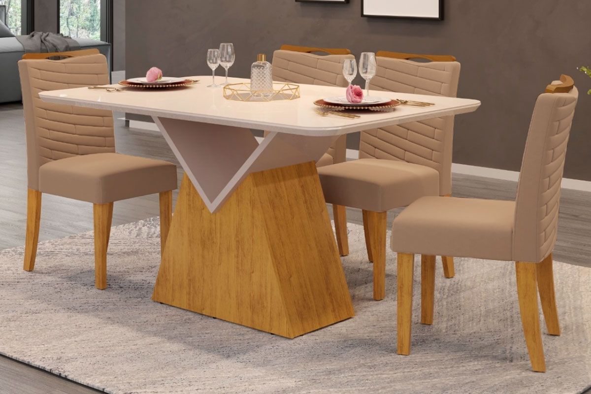 Sala Jantar Mesa Argo c/ Tampo Madeirado c/ Vidro Curvo 136x90cm e 4 Cadeiras Julia - DJ Móveis