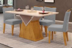 Sala Jantar Mesa Argo c/ Tampo Madeirado c/ Vidro Curvo 136x90cm e 4 Cadeiras Julia - DJ Móveis