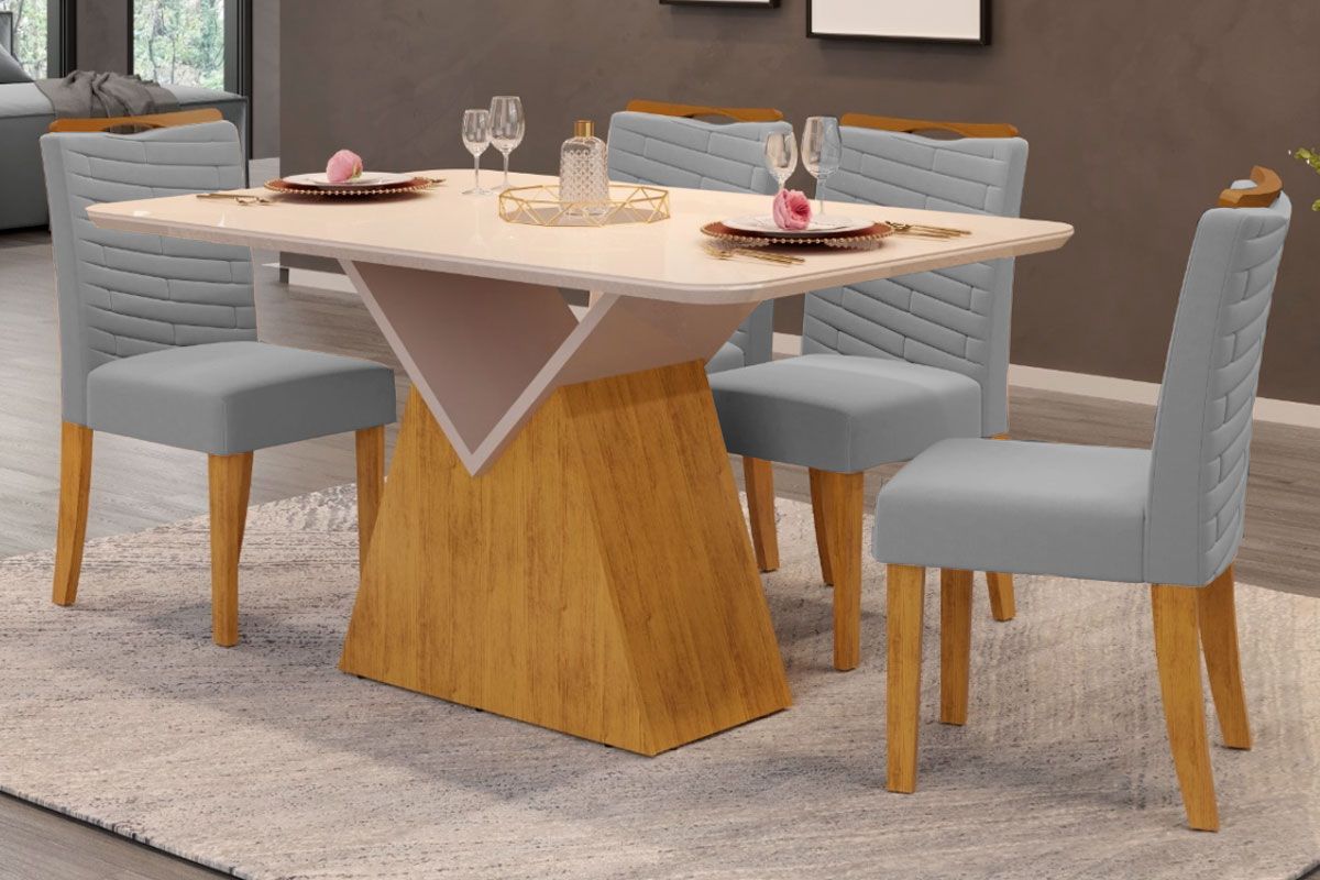 Sala Jantar Mesa Argo c/ Tampo Madeirado c/ Vidro Curvo 136x90cm e 4 Cadeiras Julia - DJ Móveis
