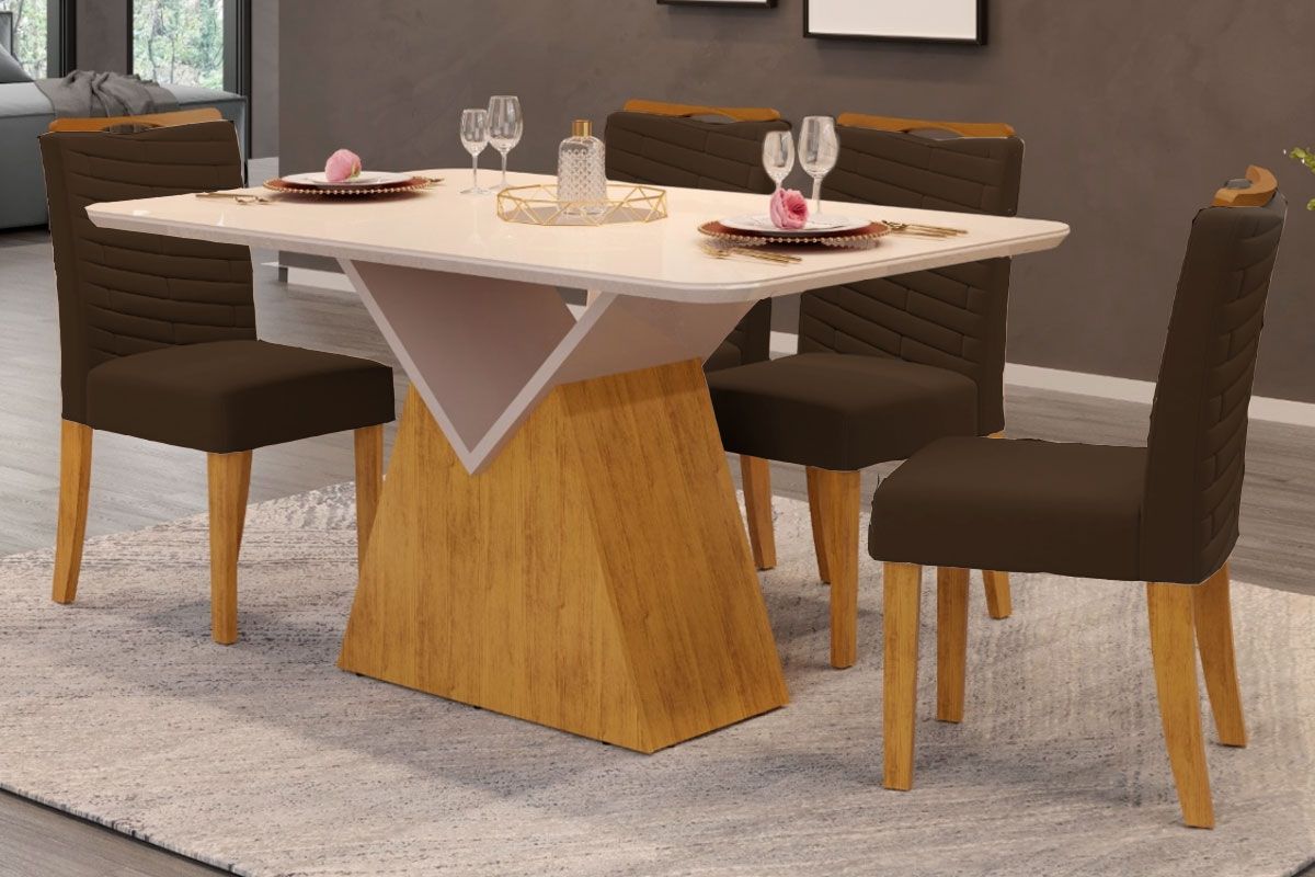 Sala Jantar Mesa Argo c/ Tampo Madeirado c/ Vidro Curvo 136x90cm e 4 Cadeiras Julia - DJ Móveis