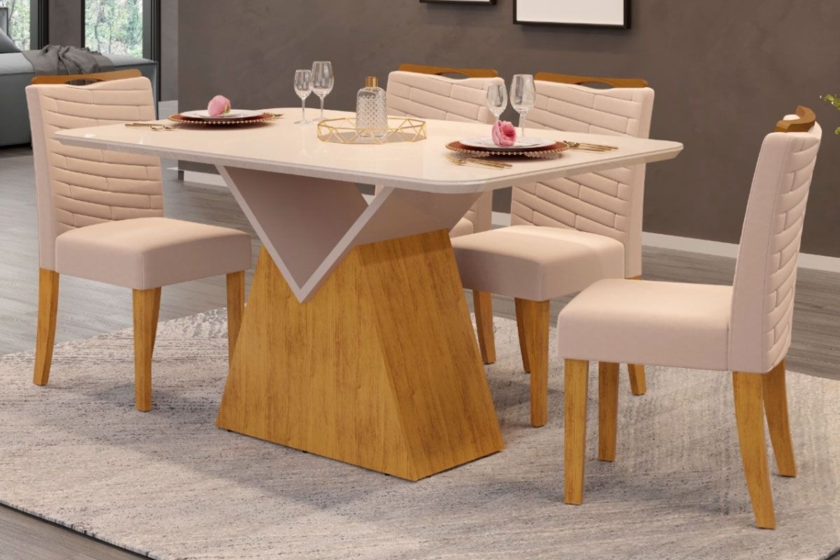 Sala Jantar Mesa Argo c/ Tampo Madeirado c/ Vidro Curvo 136x90cm e 4 Cadeiras Julia - DJ Móveis