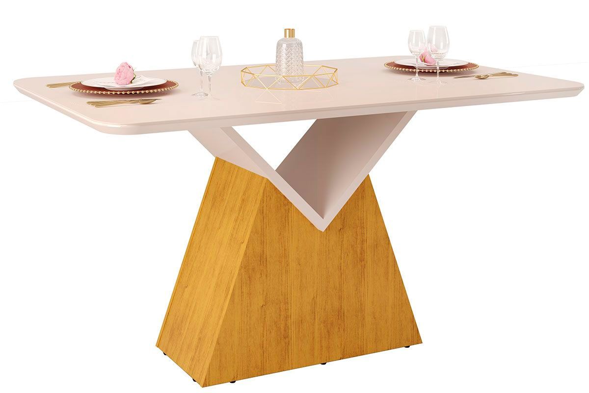 Sala Jantar Mesa Argo c/ Tampo Madeirado c/ Vidro Curvo 136x90cm e 4 Cadeiras Julia - DJ Móveis