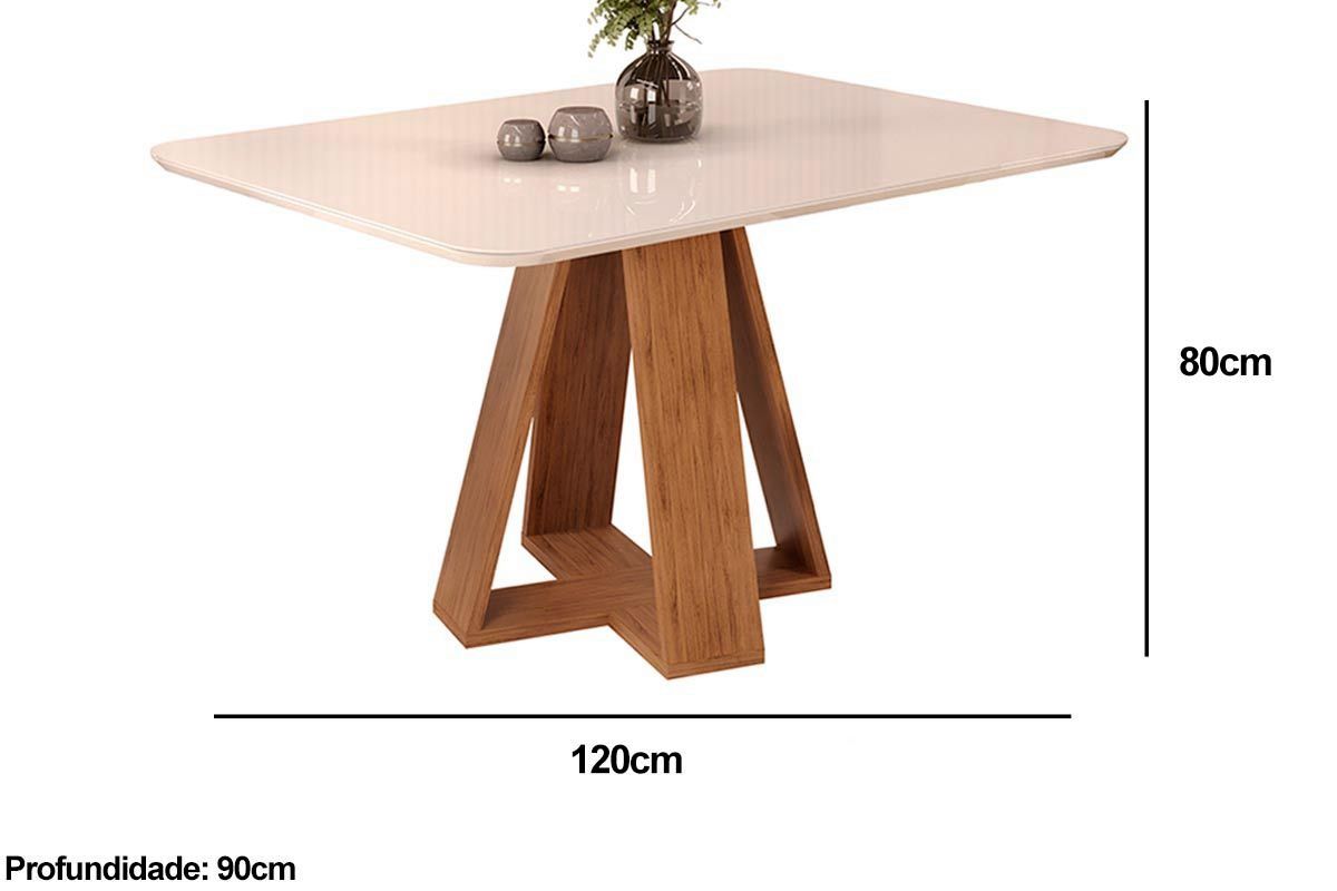 Sala Jantar Mesa Celeste c/ Tampo Madeirado c/ Vidro Curvo 120x90cm e 4 Cadeiras Lia - DJ Móveis