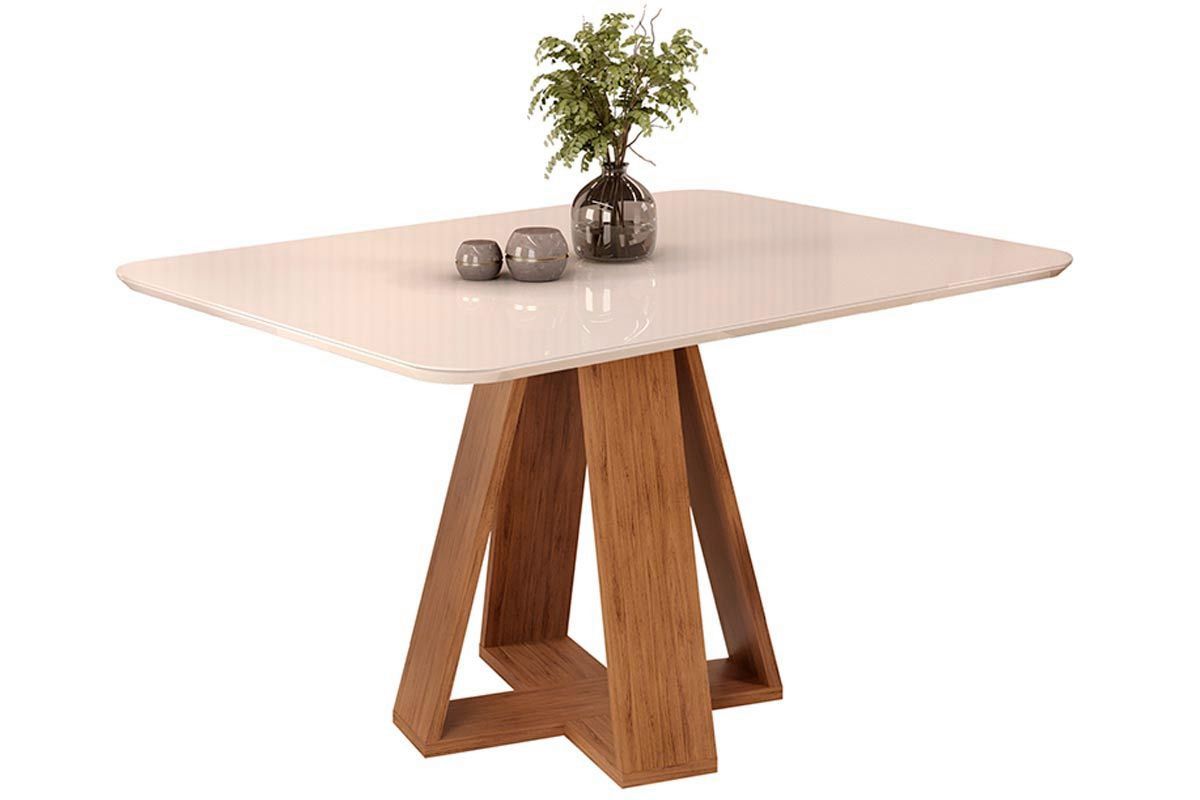 Sala Jantar Mesa Celeste c/ Tampo Madeirado c/ Vidro Curvo 120x90cm e 4 Cadeiras Lia - DJ Móveis