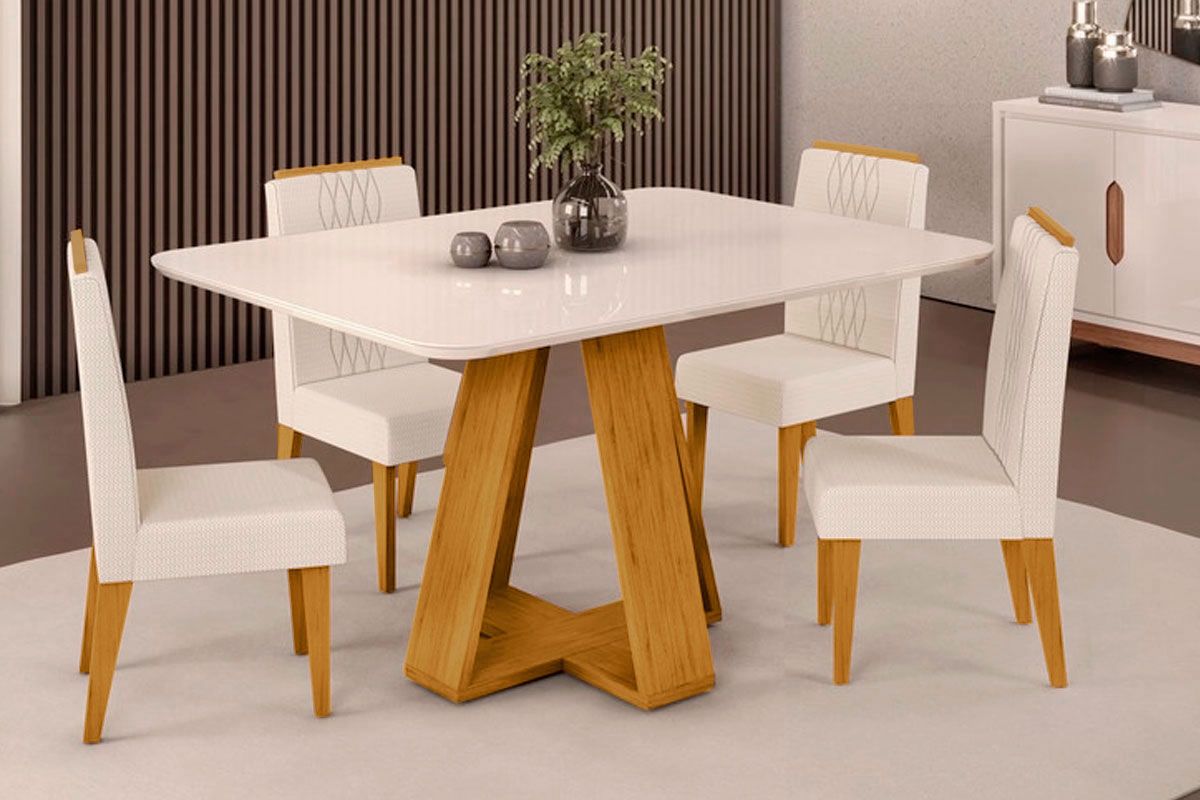Sala Jantar Mesa Celeste c/ Tampo Madeirado c/ Vidro Curvo 120x90cm e 4 Cadeiras Lia - DJ Móveis
