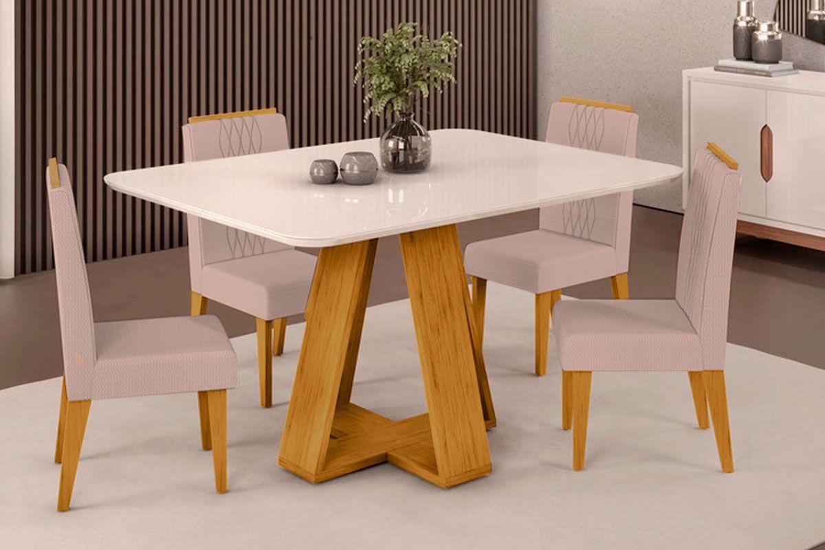 Sala Jantar Mesa Celeste c/ Tampo Madeirado c/ Vidro Curvo 120x90cm e 4 Cadeiras Lia - DJ Móveis