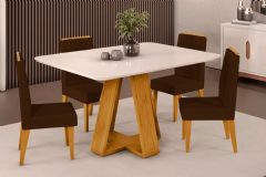 Sala Jantar Mesa Celeste c/ Tampo Madeirado c/ Vidro Curvo 120x90cm e 4 Cadeiras Lia - DJ Móveis