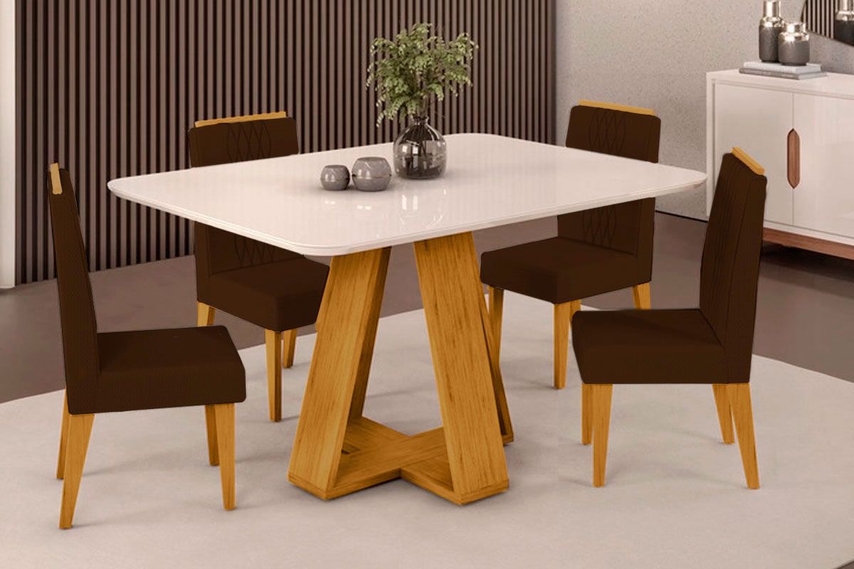 Sala Jantar Mesa Celeste c/ Tampo Madeirado c/ Vidro Curvo 120x90cm e 4 Cadeiras Lia - DJ Móveis