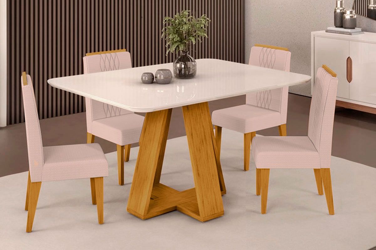 Sala Jantar Mesa Celeste c/ Tampo Madeirado c/ Vidro Curvo 120x90cm e 4 Cadeiras Lia - DJ Móveis