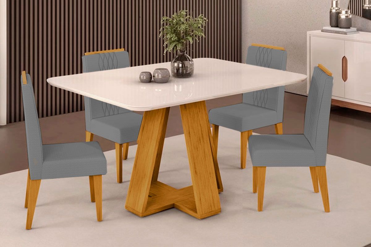 Sala Jantar Mesa Celeste c/ Tampo Madeirado c/ Vidro Curvo 120x90cm e 4 Cadeiras Lia - DJ Móveis