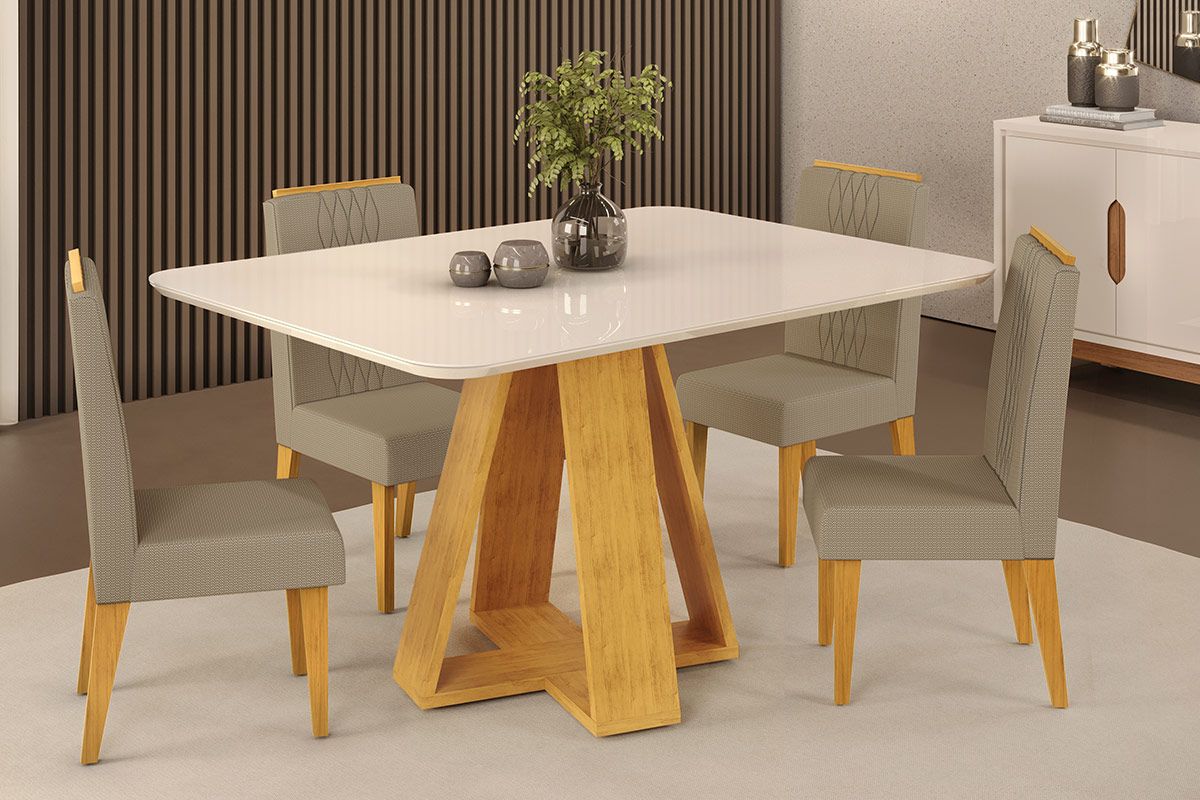Sala Jantar Mesa Celeste c/ Tampo Madeirado c/ Vidro Curvo 120x90cm e 4 Cadeiras Lia - DJ Móveis
