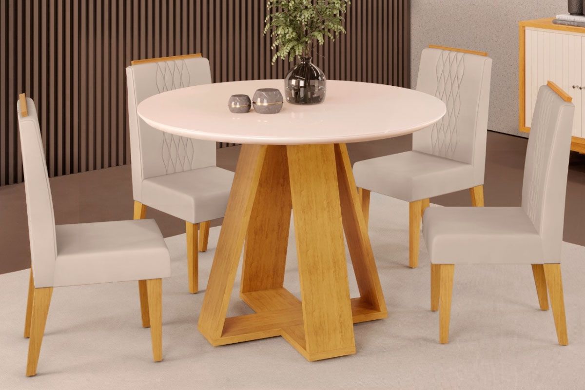 Sala Jantar Mesa Celeste c/ Tampo Madeirado c/ Vidro Redondo 103x103cm e 4 Cadeiras Lia - DJ Móveis