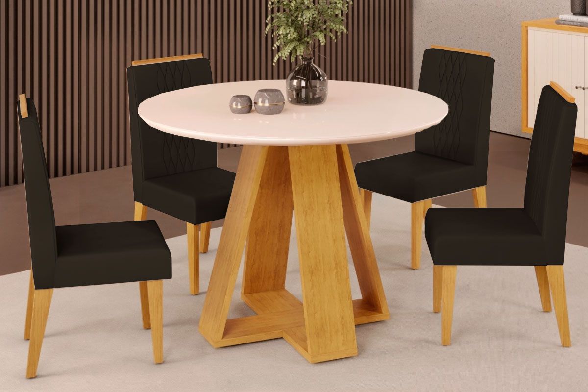 Sala Jantar Mesa Celeste c/ Tampo Madeirado c/ Vidro Redondo 103x103cm e 4 Cadeiras Lia - DJ Móveis