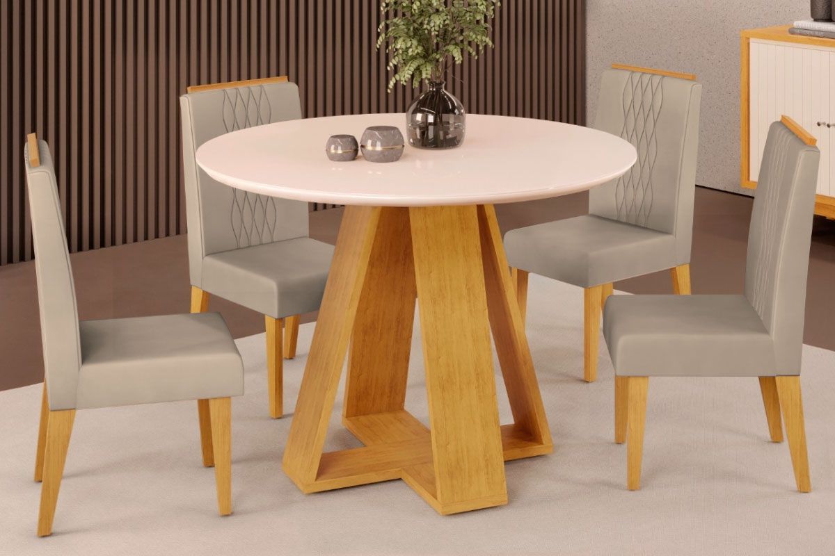Sala Jantar Mesa Celeste c/ Tampo Madeirado c/ Vidro Redondo 103x103cm e 4 Cadeiras Lia - DJ Móveis