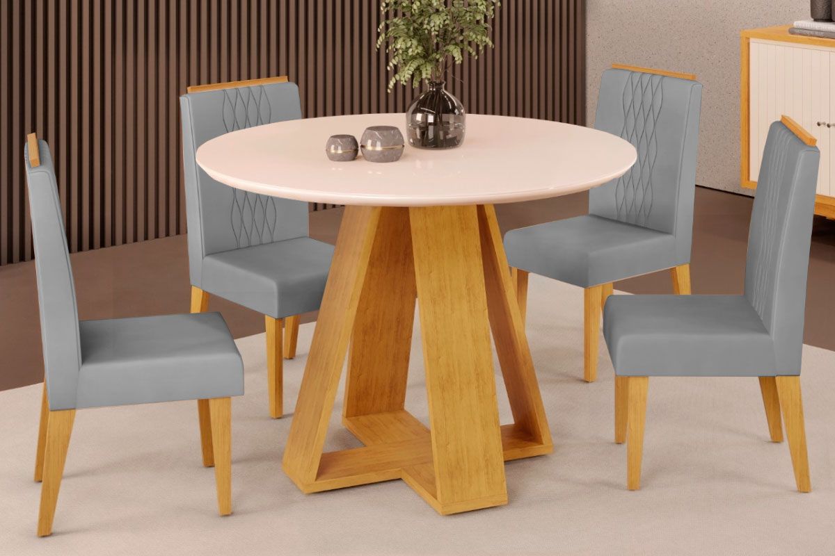 Sala Jantar Mesa Celeste c/ Tampo Madeirado c/ Vidro Redondo 103x103cm e 4 Cadeiras Lia - DJ Móveis