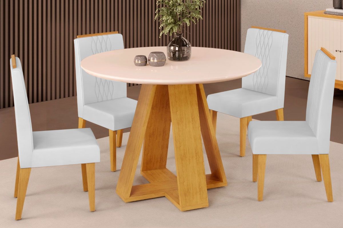 Sala Jantar Mesa Celeste c/ Tampo Madeirado c/ Vidro Redondo 103x103cm e 4 Cadeiras Lia - DJ Móveis