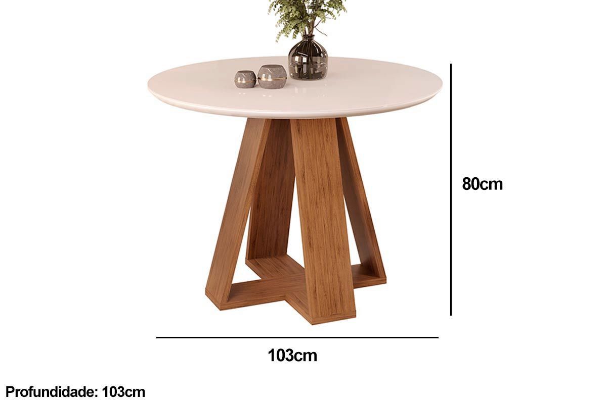 Sala Jantar Mesa Celeste c/ Tampo Madeirado c/ Vidro Redondo 103x103cm e 4 Cadeiras Lia - DJ Móveis