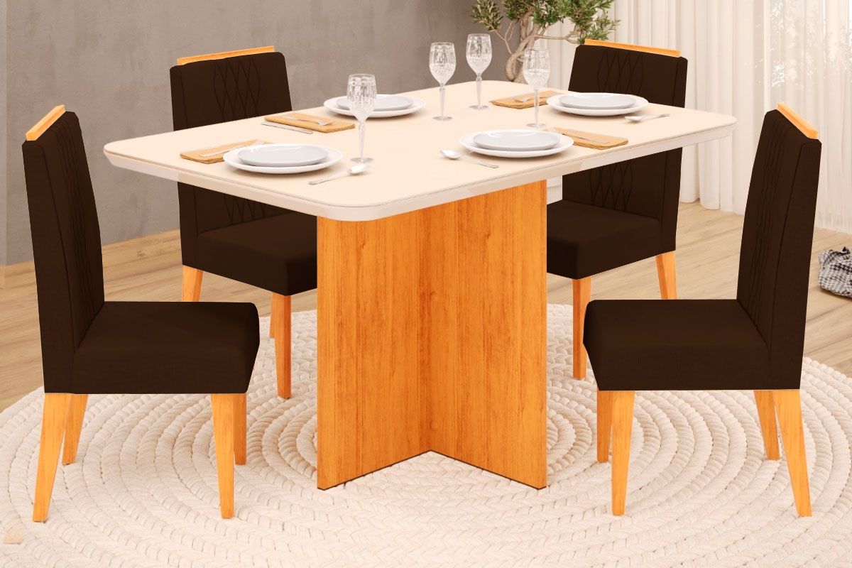 Sala de Jantar Completa Hera c/ Tampo Madeirado c/ Vidro Reto 120x90cm e 4 Cadeiras Lia - DJ Móveis