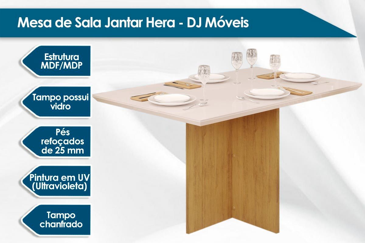 Sala de Jantar Completa Hera c/ Tampo Madeirado c/ Vidro Reto 120x90cm e 4 Cadeiras Lia - DJ Móveis