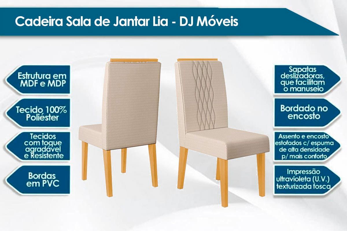 Sala de Jantar Completa Hera c/ Tampo Madeirado c/ Vidro Reto 120x90cm e 4 Cadeiras Lia - DJ Móveis
