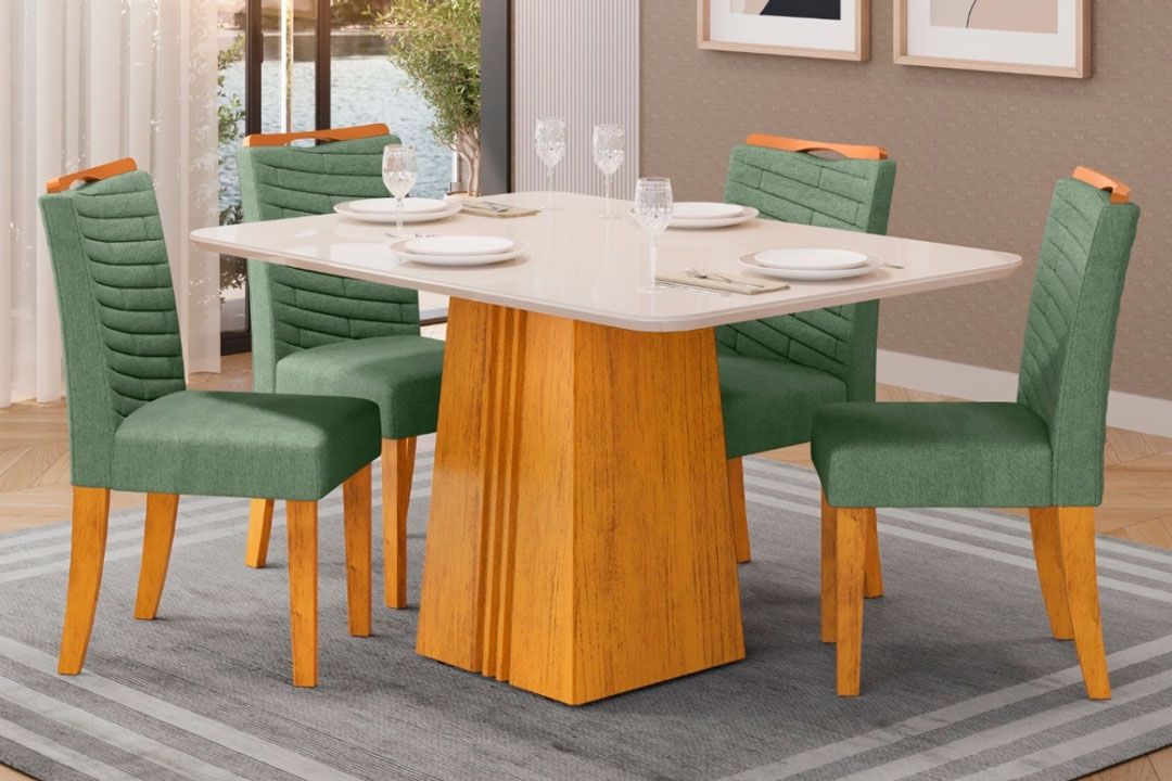 Sala Jantar Mesa Italia c/ Tampo Madeirado c/ Vidro 120x90cm e 4 Cadeiras Julia - DJ Móveis