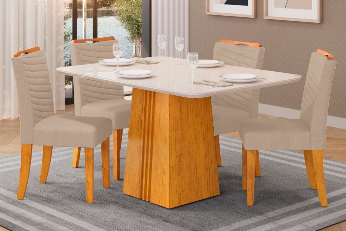 Sala Jantar Mesa Italia c/ Tampo Madeirado c/ Vidro 120x90cm e 4 Cadeiras Julia - DJ Móveis