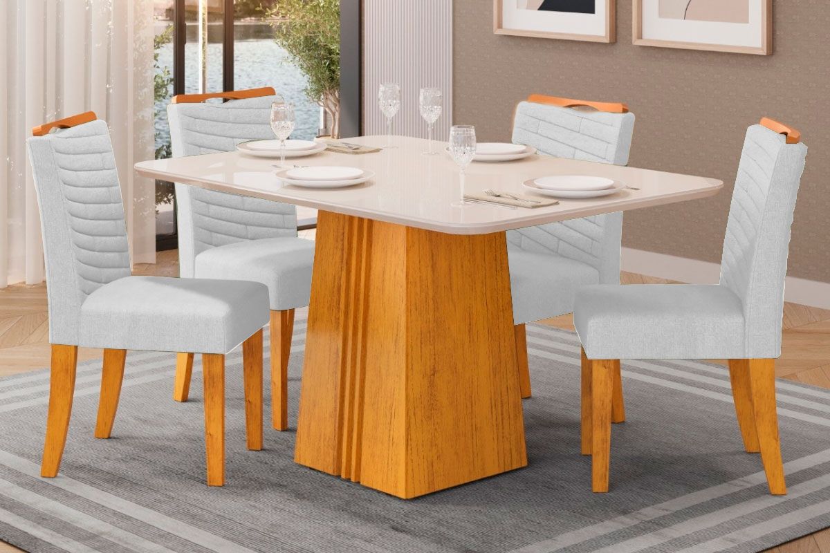 Sala Jantar Mesa Italia c/ Tampo Madeirado c/ Vidro 120x90cm e 4 Cadeiras Julia - DJ Móveis